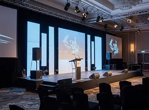 General session AV rental with stage screen and audio system
