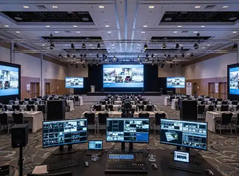 Conference production setup with monitors, microphones, and technical support